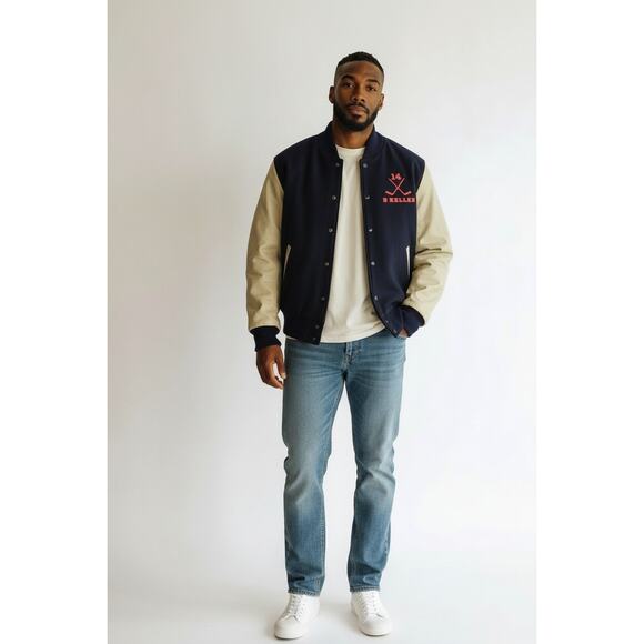 Rennoc Other - Vintage Rennoc Varsity Jacket Mens Large Blue  Cream Leather Wool Snap USA